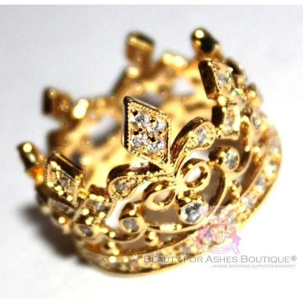 Brass Goldtone Crown Clear Cubic Zirconia Fleur-de-Lis Ring Size 9